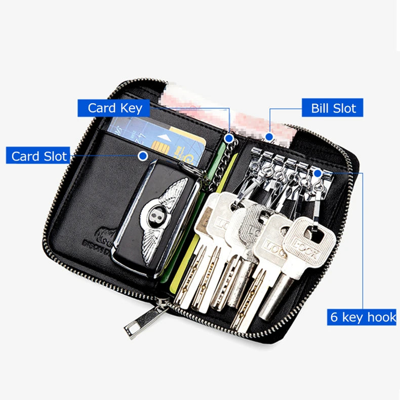 BISON DENIM Genuine Leather Key Wallet Male Card Keychain Cover Zipper Card Holder Wallet Key Organizer Large Capacity N9462