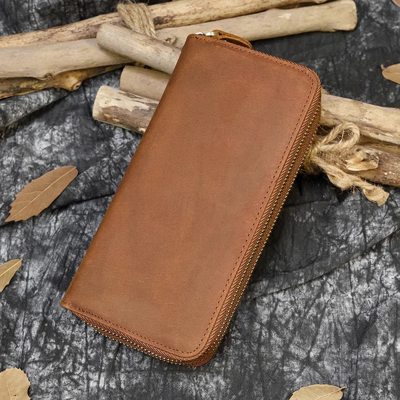 Men's crazy horse Leather long wallet Zip around genuine leather wallet Phone case purse with coin pocket 4 interlayer pocket