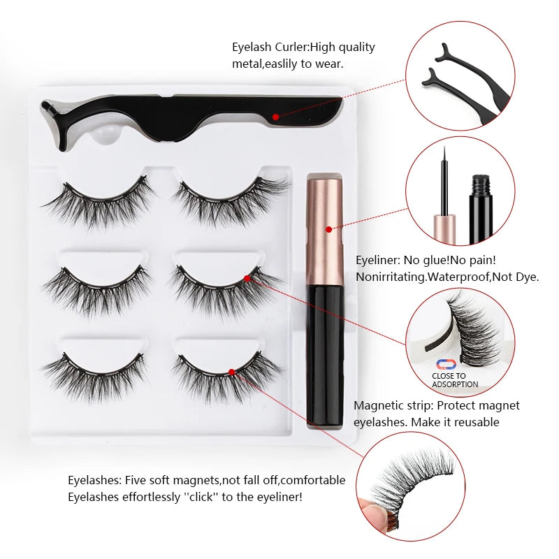 Set di 3 Paia di Extension Ciglia Magnetiche con Eyeliner e Pinzetta