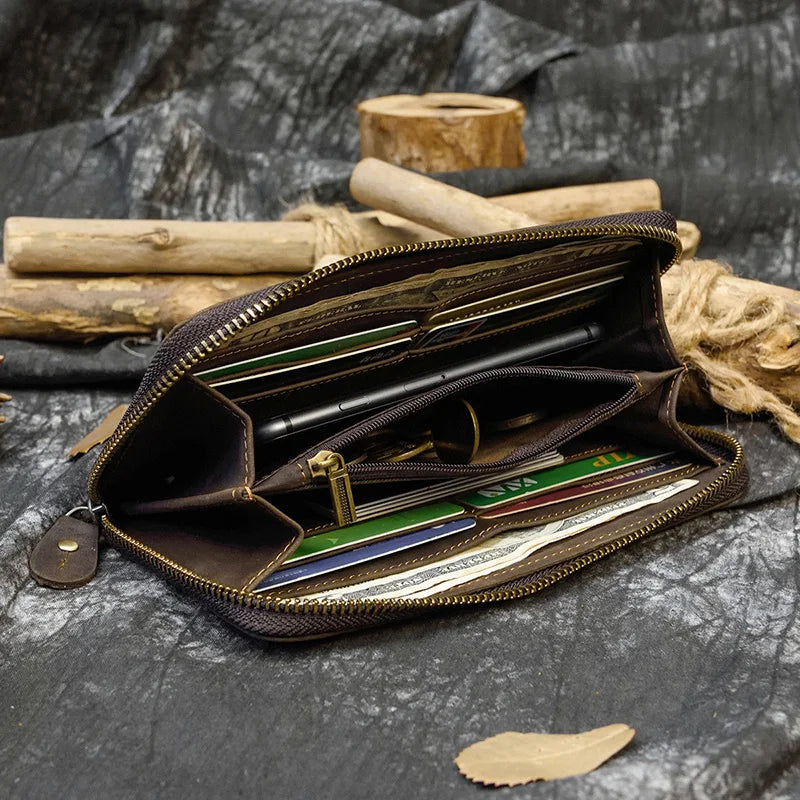 Men's crazy horse Leather long wallet Zip around genuine leather wallet Phone case purse with coin pocket 4 interlayer pocket
