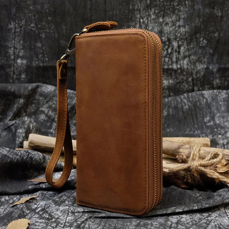 Men's crazy horse Leather long wallet Zip around genuine leather wallet Phone case purse with coin pocket 4 interlayer pocket
