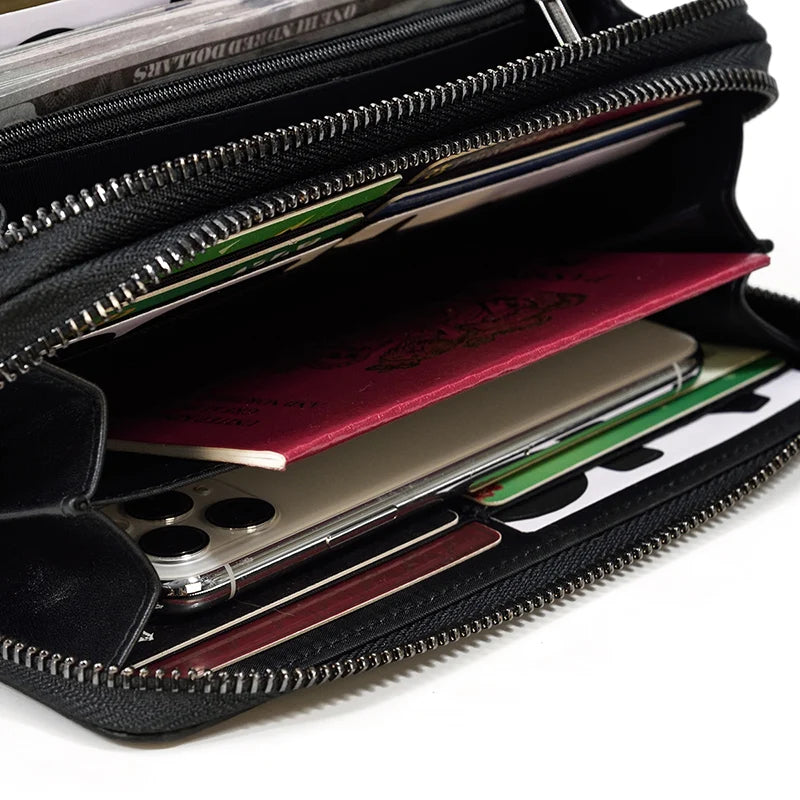 Men's crazy horse Leather long wallet Zip around genuine leather wallet Phone case purse with coin pocket 4 interlayer pocket