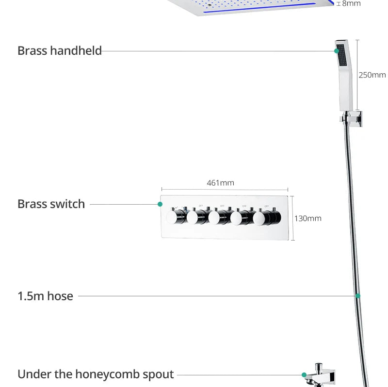 Stainles Steel 304 16inch 40cm Square Bluetooth Music LED Shower Head Panel Set Spray Rainfall Steam Thermostatic Mixer Faucet