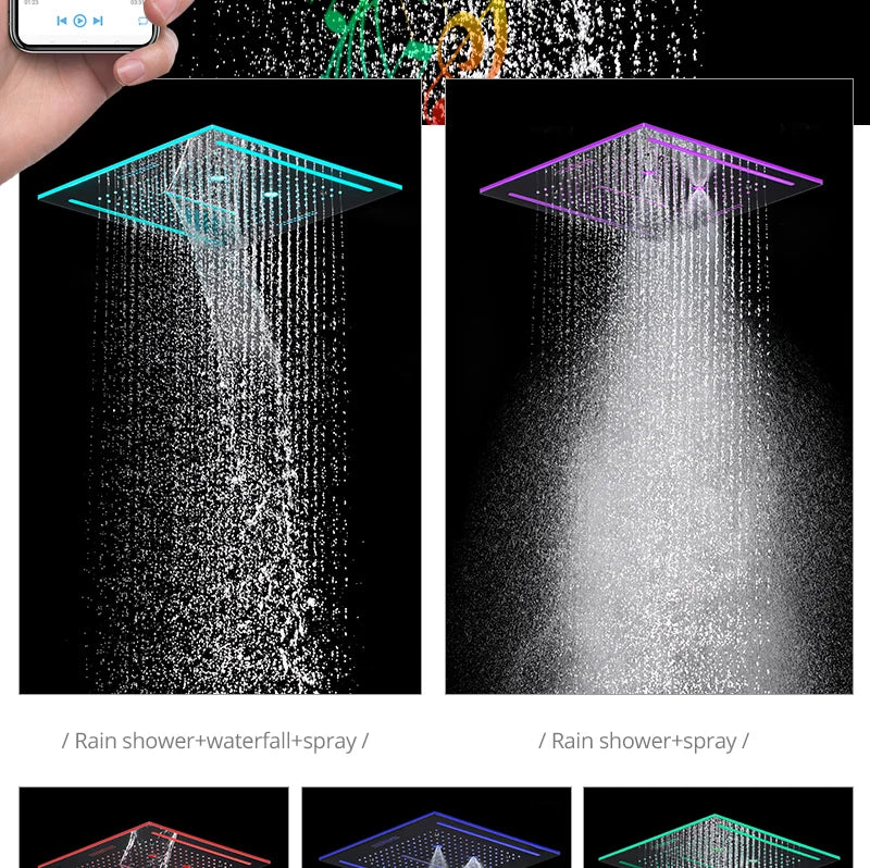 Stainles Steel 304 16inch 40cm Square Bluetooth Music LED Shower Head Panel Set Spray Rainfall Steam Thermostatic Mixer Faucet