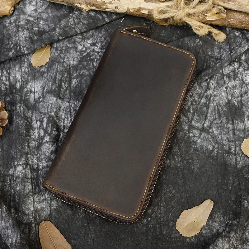 Men's crazy horse Leather long wallet Zip around genuine leather wallet Phone case purse with coin pocket 4 interlayer pocket