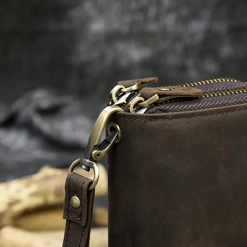 Men's crazy horse Leather long wallet Zip around genuine leather wallet Phone case purse with coin pocket 4 interlayer pocket