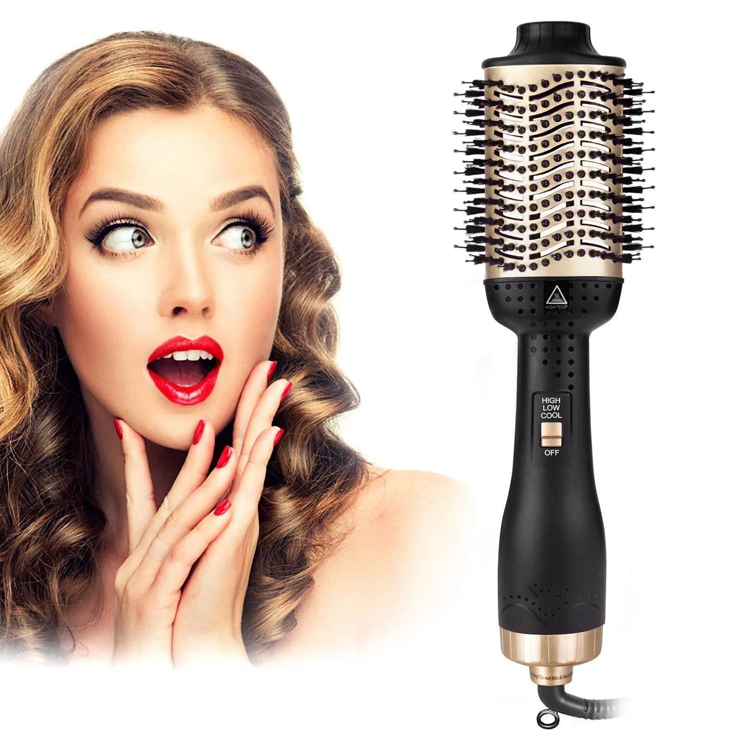 Gold One Step Hair Dryer & Volumizer Magic Brush Straightening Curling Hot Air Rotary Blower Tangle Detangling Comb for Hair