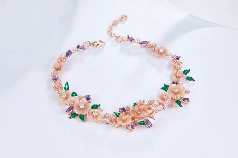 LAYA 925 Sterling Silver Fashion Natural Shell Flower Green Leaf Enamel High Quality Zircon Bracelet For Wedding Jewelry