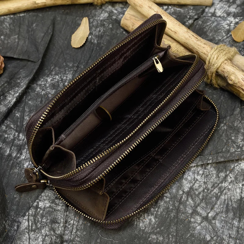 Men's crazy horse Leather long wallet Zip around genuine leather wallet Phone case purse with coin pocket 4 interlayer pocket