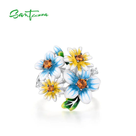 SANTUZZA 925 Sterling Silver Rings For Women Elegant Blue Yellow Blooming Flowers Cubic Zirconia Fine Jewelry Handmade Enamel