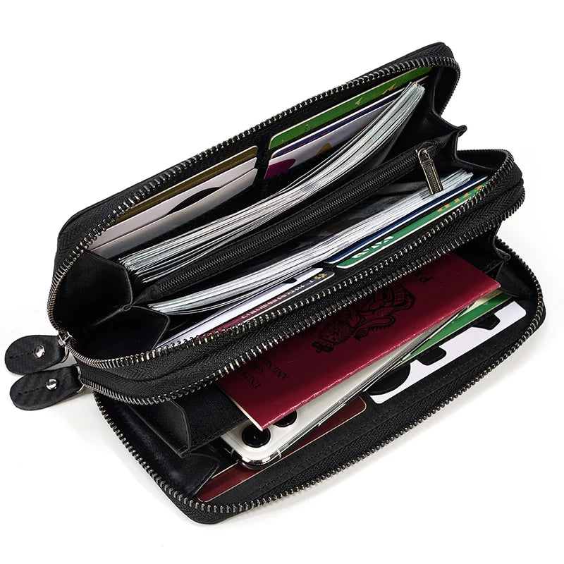 Men's crazy horse Leather long wallet Zip around genuine leather wallet Phone case purse with coin pocket 4 interlayer pocket