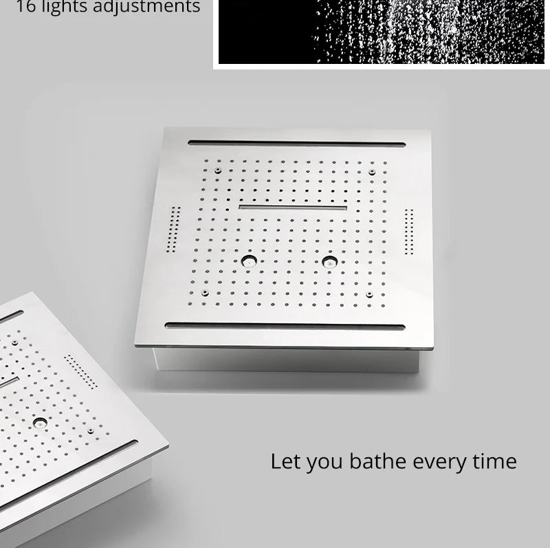 Stainles Steel 304 16inch 40cm Square Bluetooth Music LED Shower Head Panel Set Spray Rainfall Steam Thermostatic Mixer Faucet