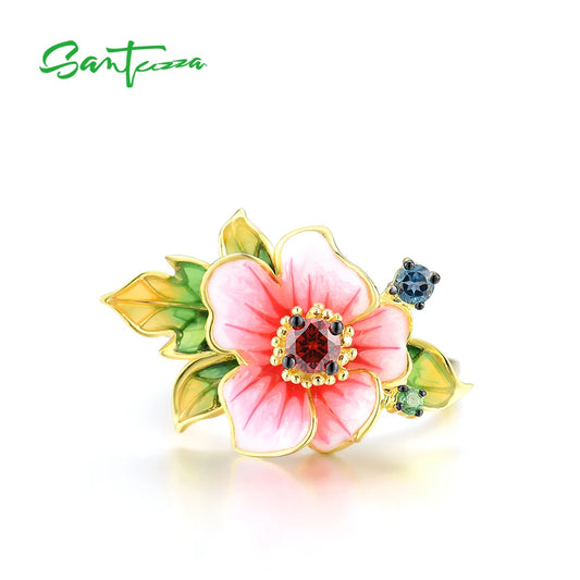SANTUZZA Pure 925 Sterling Silver Rings For Women Exquisite Blooming Flower Garnet CZ Ring Party Fine Jewelry Handmade Enamel