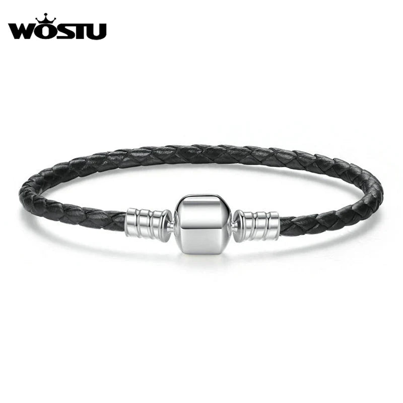 WOSTU New 100% 925 Sterling Silver & Real Black Leather Chain Charm Fit  Bracelet For Women Men Original Fine Jewelry XCHS911
