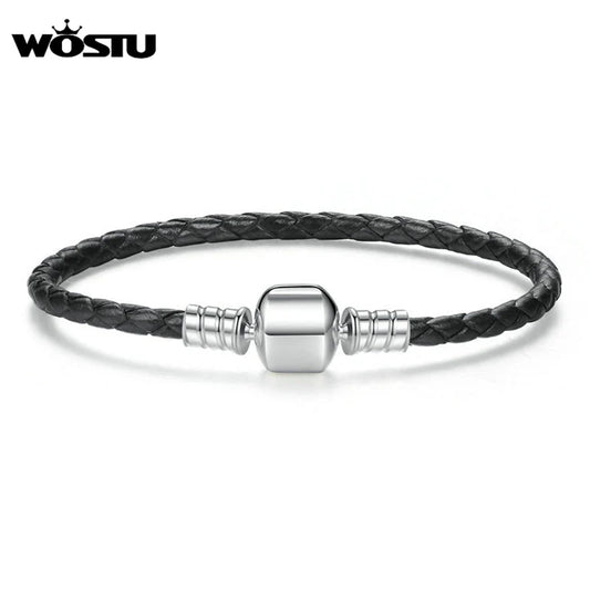 WOSTU New 100% 925 Sterling Silver & Real Black Leather Chain Charm Fit  Bracelet For Women Men Original Fine Jewelry XCHS911