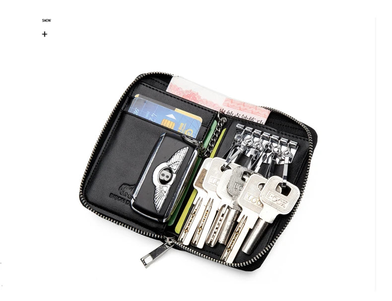 BISON DENIM Genuine Leather Key Wallet Male Card Keychain Cover Zipper Card Holder Wallet Key Organizer Large Capacity N9462