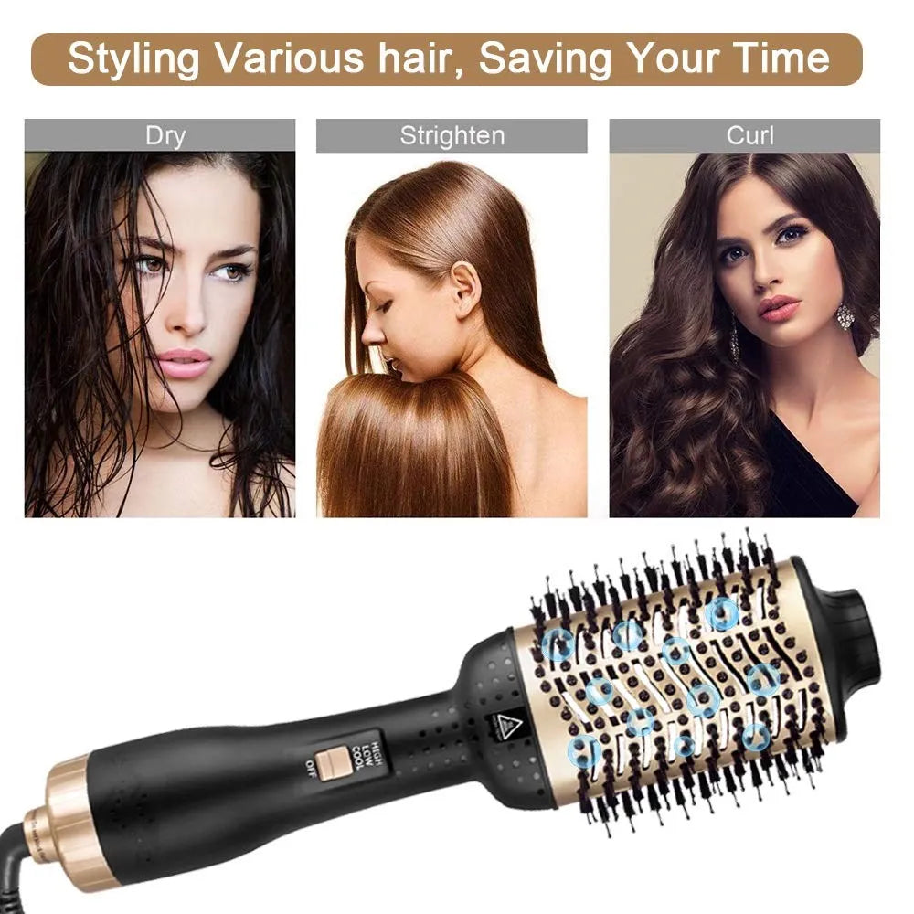 Gold One Step Hair Dryer & Volumizer Magic Brush Straightening Curling Hot Air Rotary Blower Tangle Detangling Comb for Hair