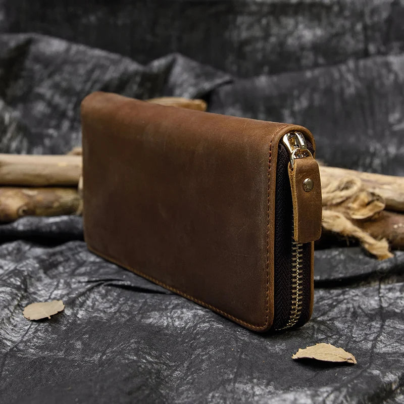 Men's crazy horse Leather long wallet Zip around genuine leather wallet Phone case purse with coin pocket 4 interlayer pocket