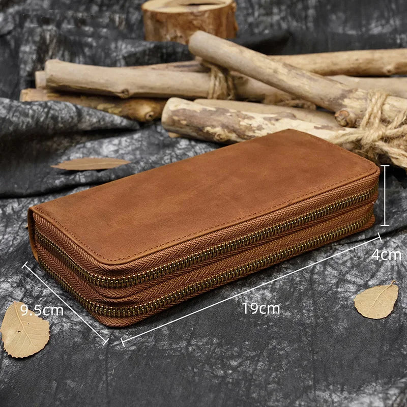 Men's crazy horse Leather long wallet Zip around genuine leather wallet Phone case purse with coin pocket 4 interlayer pocket