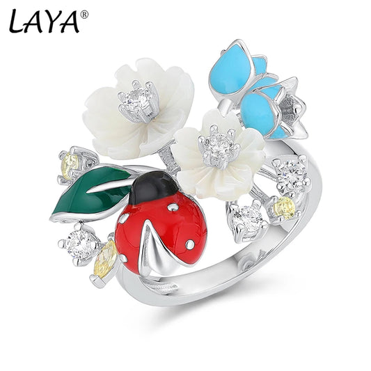 Laya 925 Sterling Silver Fashion Natural Shell Flower Green Leaf Enamel Animal High Quality Zircon Ring For Women Jewelry