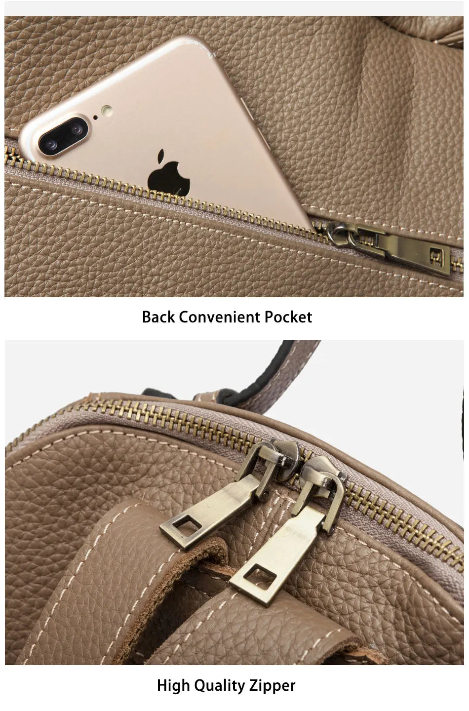 Zency Women Stylish Classic Backpack Khaki Genuine Leather Knapsack Satchel Purse Roomy with Pockets Fit A4 Ipad 9.7'' Rucksack