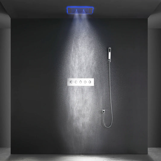 Stainles Steel 304 16inch 40cm Square Bluetooth Music LED Shower Head Panel Set Spray Rainfall Steam Thermostatic Mixer Faucet