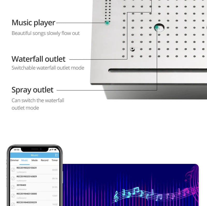 Stainles Steel 304 16inch 40cm Square Bluetooth Music LED Shower Head Panel Set Spray Rainfall Steam Thermostatic Mixer Faucet