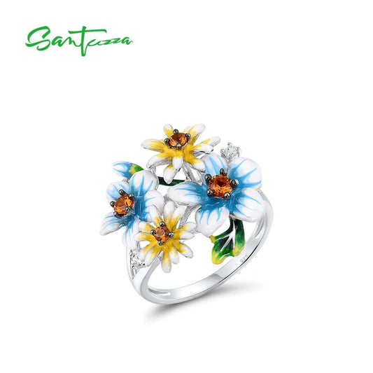 SANTUZZA 925 Sterling Silver Rings For Women Elegant Blue Yellow Blooming Flowers Cubic Zirconia Fine Jewelry Handmade Enamel