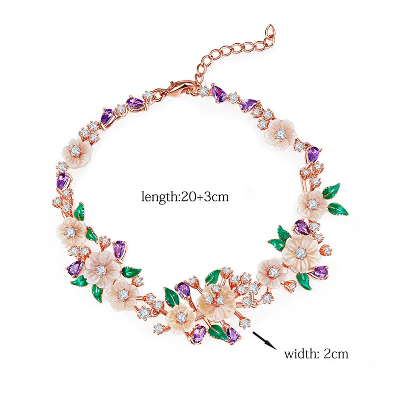 LAYA 925 Sterling Silver Fashion Natural Shell Flower Green Leaf Enamel High Quality Zircon Bracelet For Wedding Jewelry