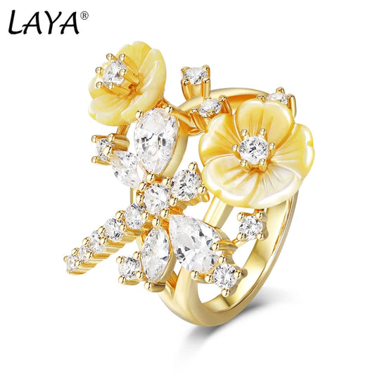 Laya 925 Sterling Silver Summer Hot Style High Quality Zircon Natural Shell Flower Dragonfly Ring For Women Luxury Jewelry