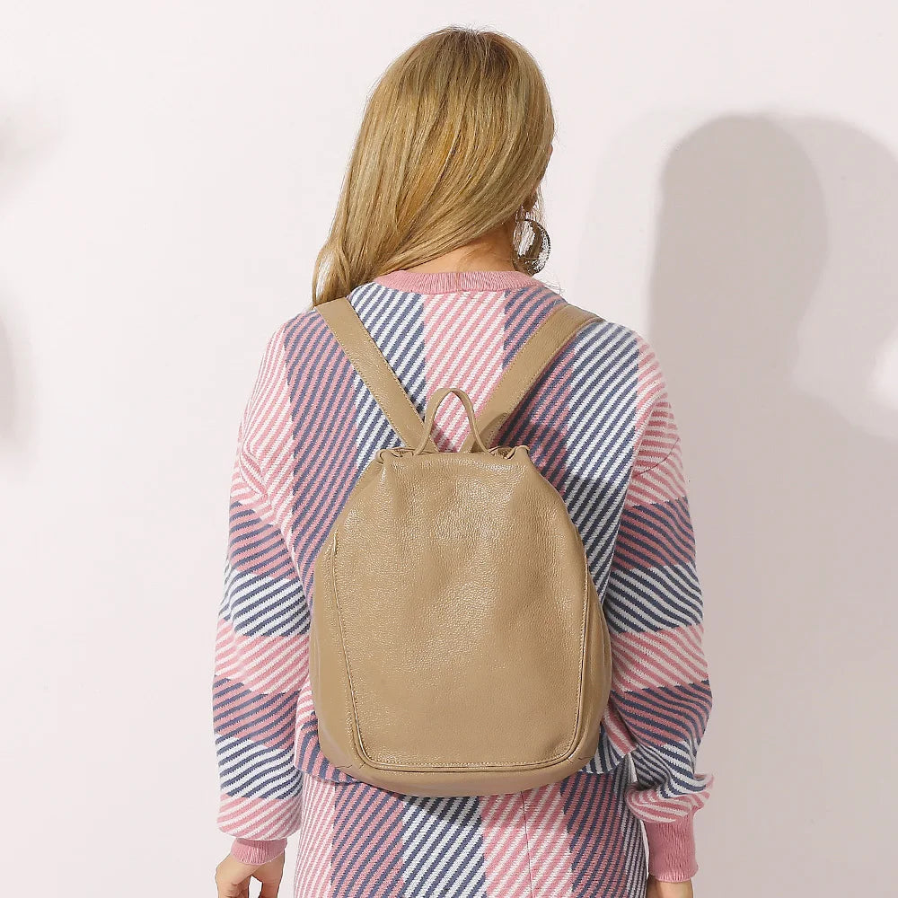 Zency Women Stylish Classic Backpack Khaki Genuine Leather Knapsack Satchel Purse Roomy with Pockets Fit A4 Ipad 9.7'' Rucksack
