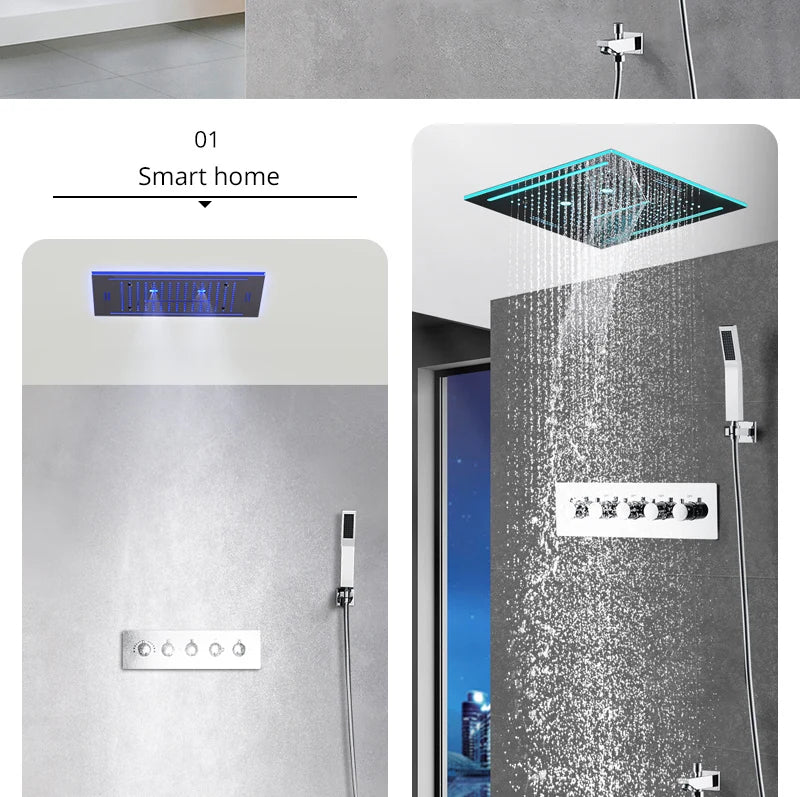 Stainles Steel 304 16inch 40cm Square Bluetooth Music LED Shower Head Panel Set Spray Rainfall Steam Thermostatic Mixer Faucet