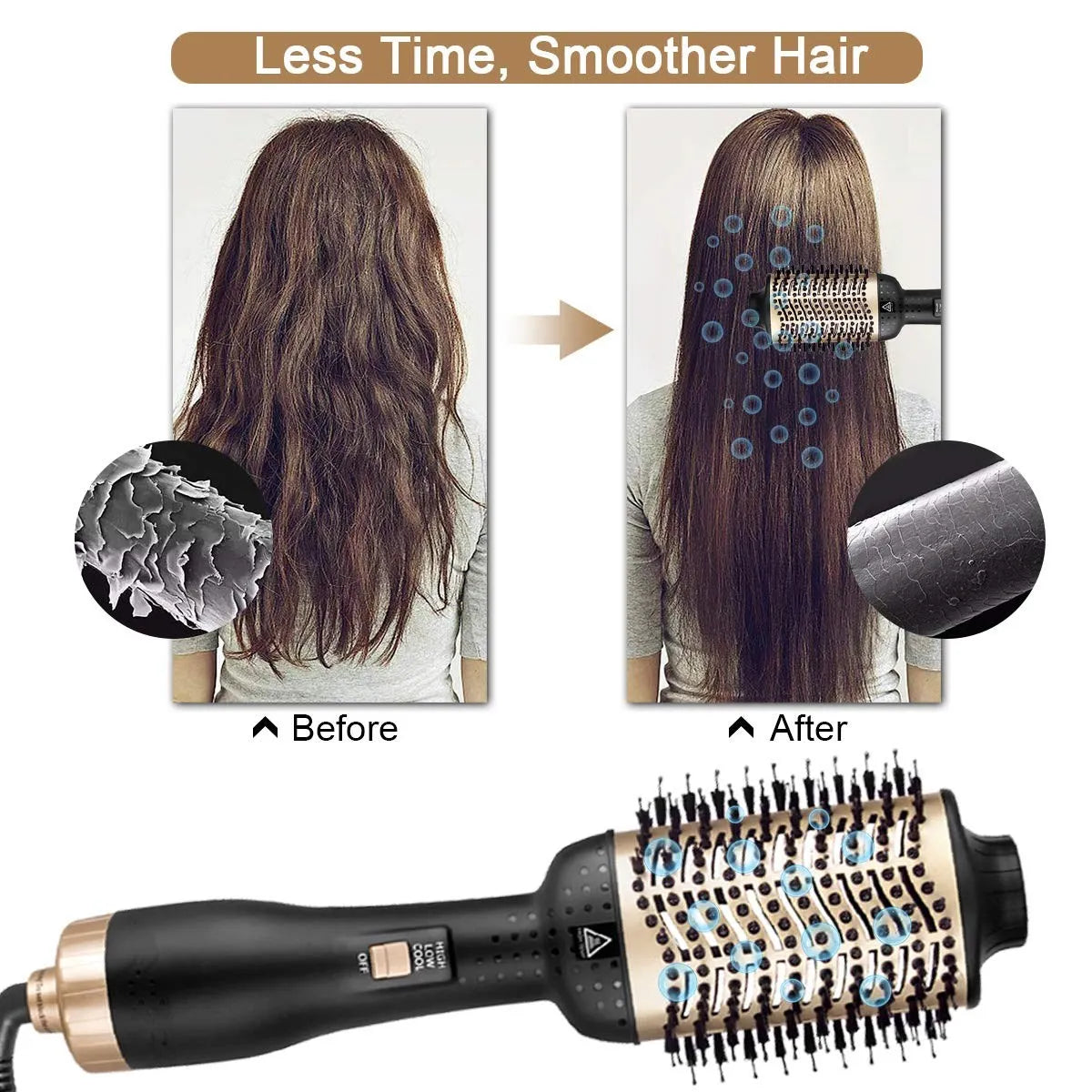 Gold One Step Hair Dryer & Volumizer Magic Brush Straightening Curling Hot Air Rotary Blower Tangle Detangling Comb for Hair