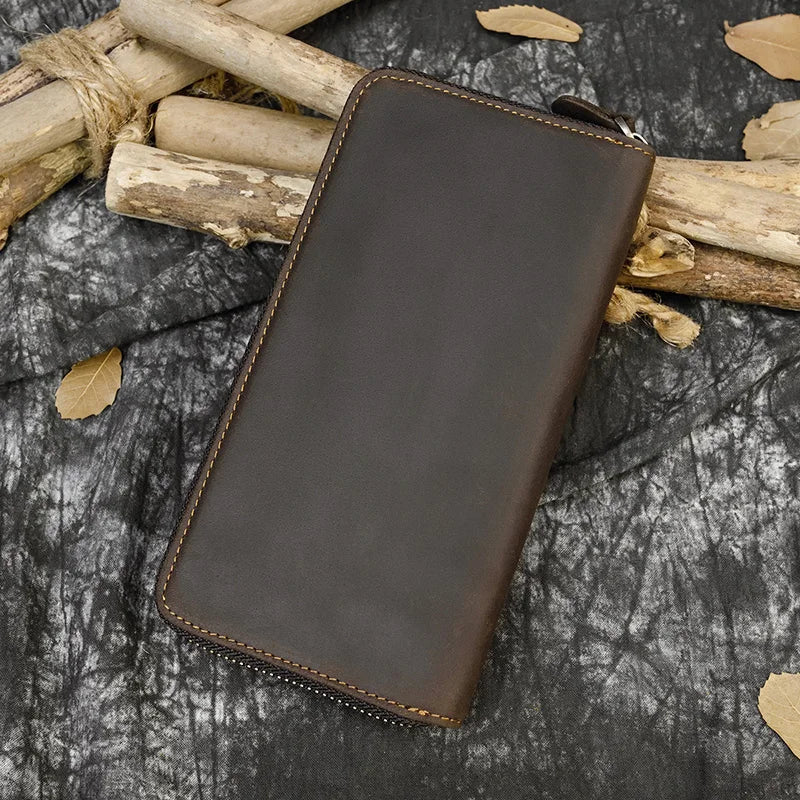 Men's crazy horse Leather long wallet Zip around genuine leather wallet Phone case purse with coin pocket 4 interlayer pocket