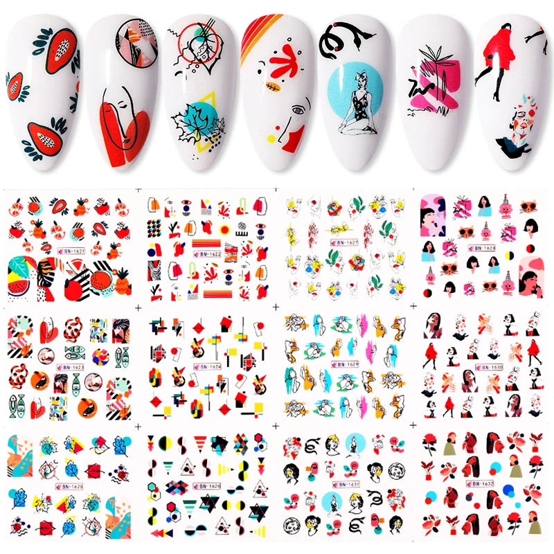12 Designs Nail Stickers Set Mixed Floral Geometric Nail Art Water Transfer Decals Sliders Flower Leaves Manicures Decoration