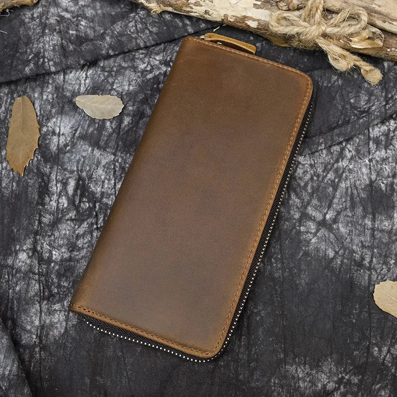 Men's crazy horse Leather long wallet Zip around genuine leather wallet Phone case purse with coin pocket 4 interlayer pocket