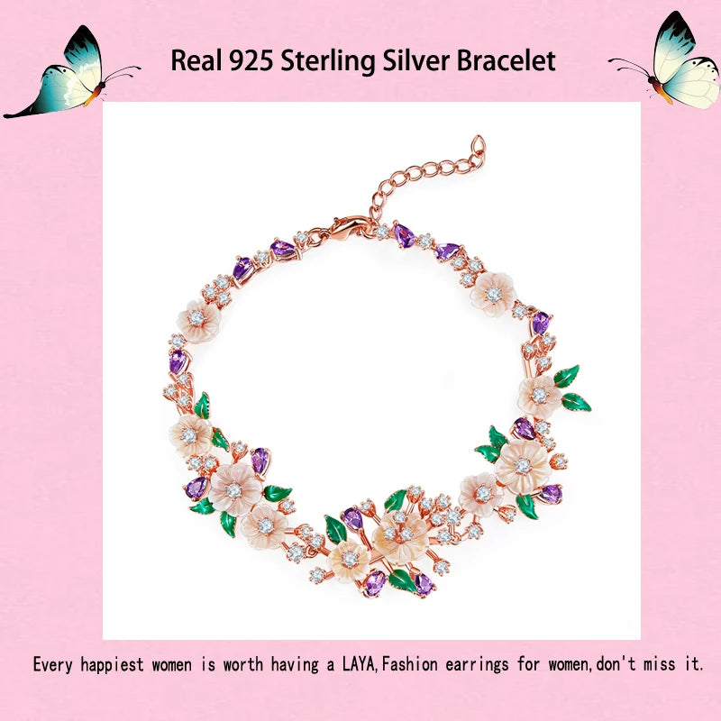 LAYA 925 Sterling Silver Fashion Natural Shell Flower Green Leaf Enamel High Quality Zircon Bracelet For Wedding Jewelry