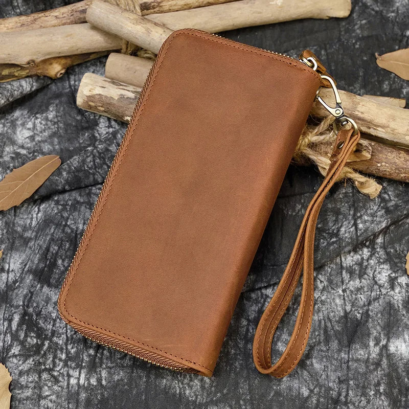 Men's crazy horse Leather long wallet Zip around genuine leather wallet Phone case purse with coin pocket 4 interlayer pocket
