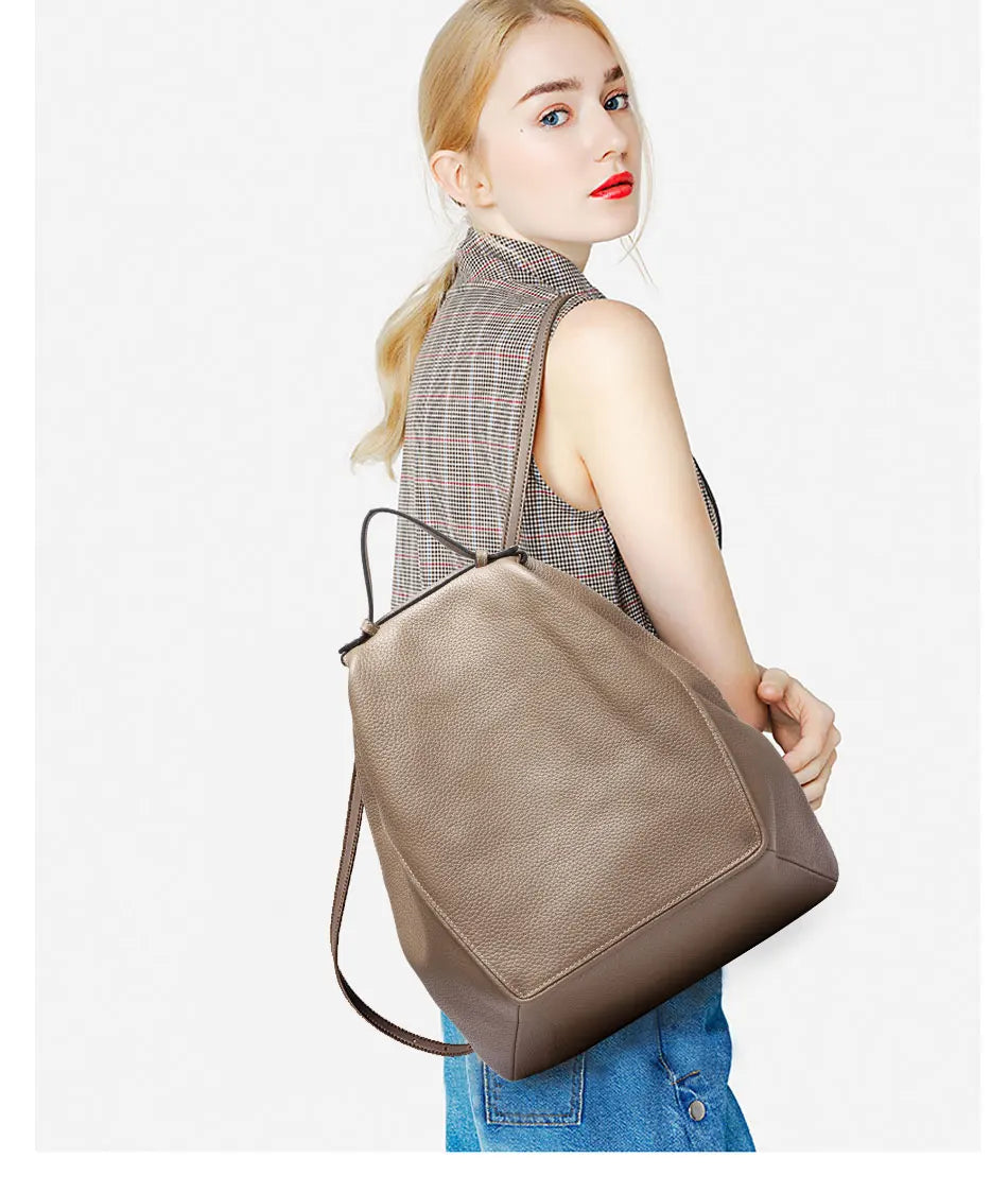 Zency Women Stylish Classic Backpack Khaki Genuine Leather Knapsack Satchel Purse Roomy with Pockets Fit A4 Ipad 9.7'' Rucksack