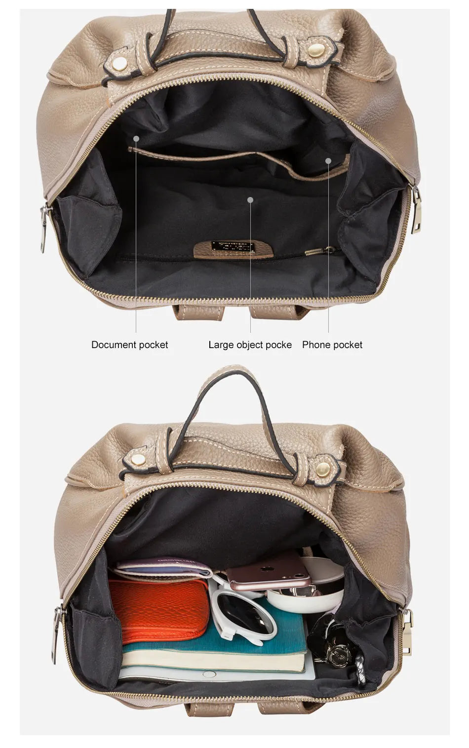 Zency Women Stylish Classic Backpack Khaki Genuine Leather Knapsack Satchel Purse Roomy with Pockets Fit A4 Ipad 9.7'' Rucksack