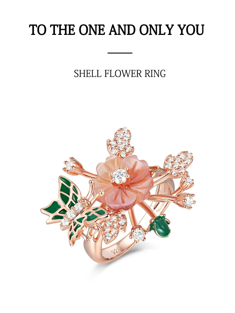 Laya Ring For Women High Quality Zircon Natural Shell Flower Butterfly Enamel 925 Sterling Silver Anillos Fashion Jewelry