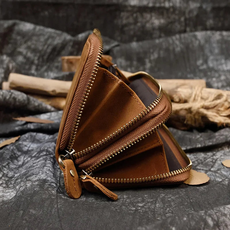 Men's crazy horse Leather long wallet Zip around genuine leather wallet Phone case purse with coin pocket 4 interlayer pocket