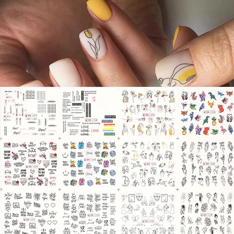 12 Designs Nail Stickers Set Mixed Floral Geometric Nail Art Water Transfer Decals Sliders Flower Leaves Manicures Decoration
