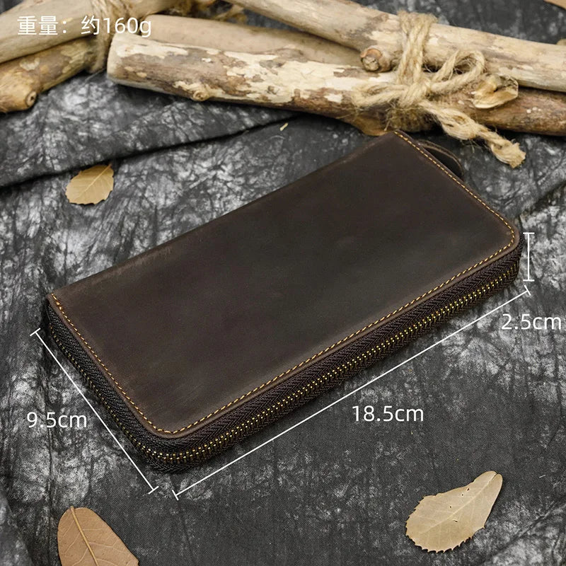 Men's crazy horse Leather long wallet Zip around genuine leather wallet Phone case purse with coin pocket 4 interlayer pocket