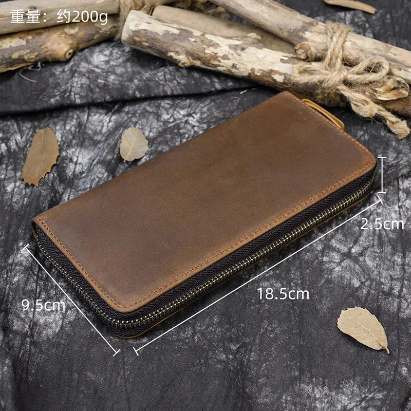 Men's crazy horse Leather long wallet Zip around genuine leather wallet Phone case purse with coin pocket 4 interlayer pocket