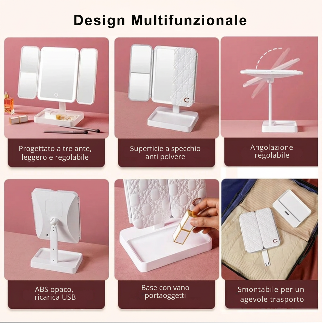 Specchio make-up da tavolo a 3 ante con LED e ingrandimento