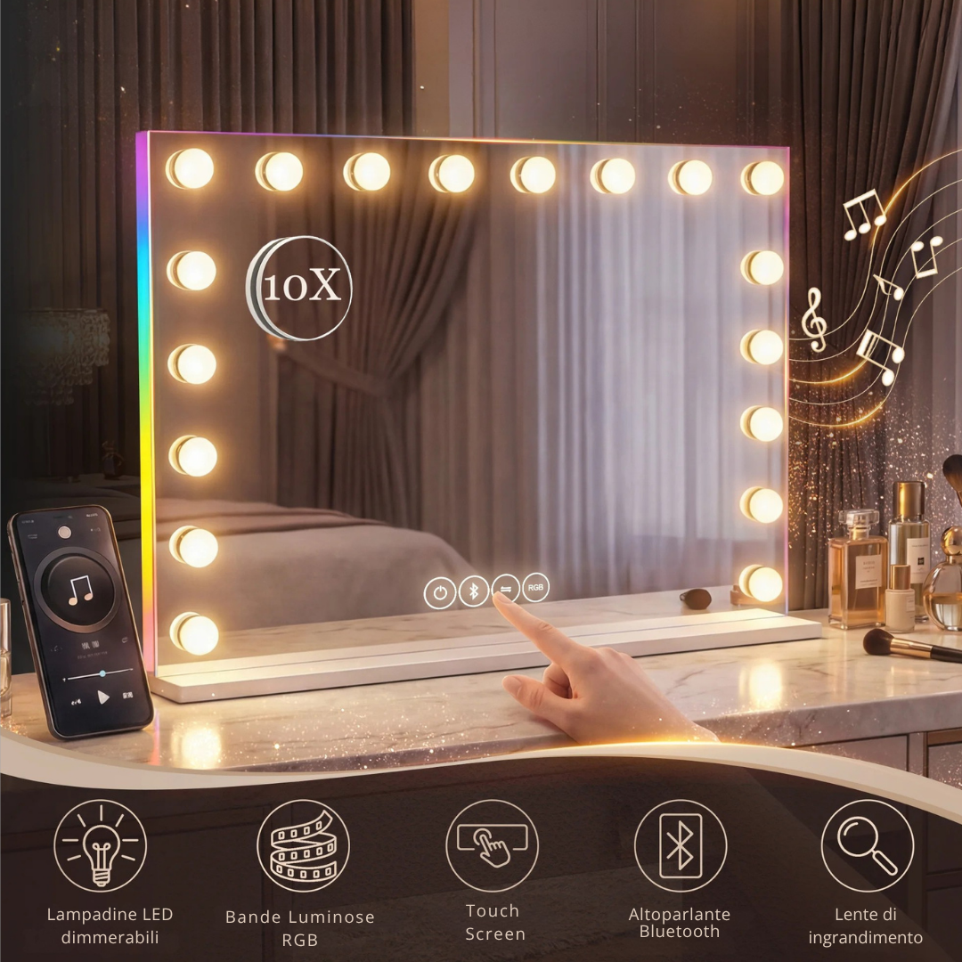 Specchio Make Up con Bluetooth, Led e Ingranditore 10X
