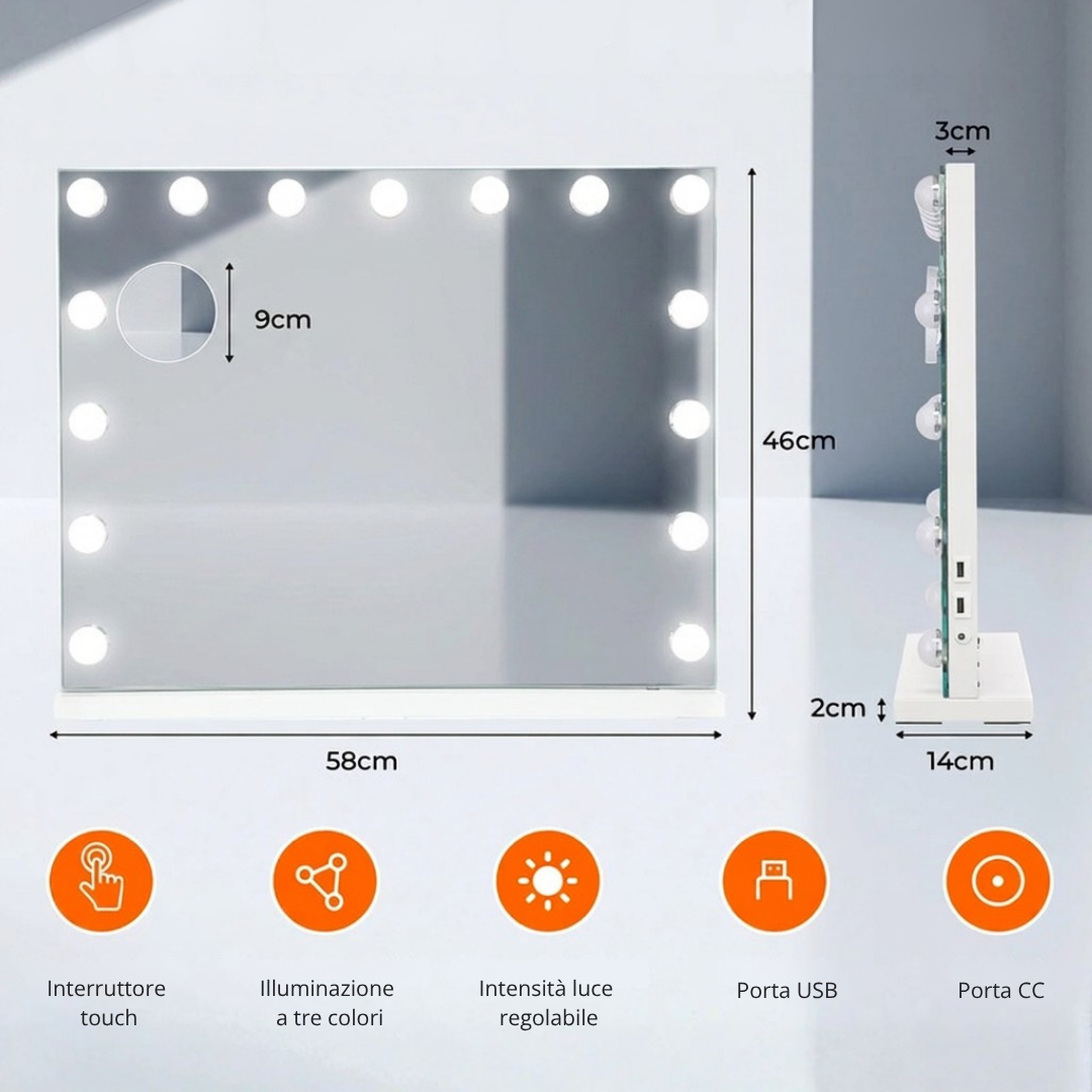 Specchio Make Up con Bluetooth, Led e Ingranditore 10X