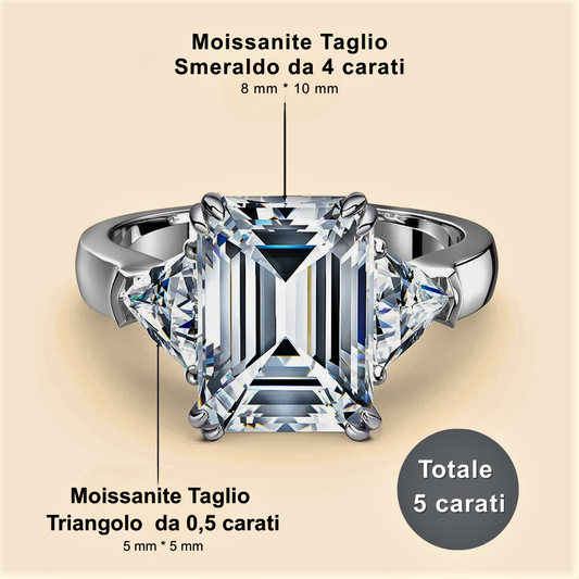 Anello Taglio Smeraldo e Triangoli per 5 Carati – Collezione Moissanite GlamLuxe