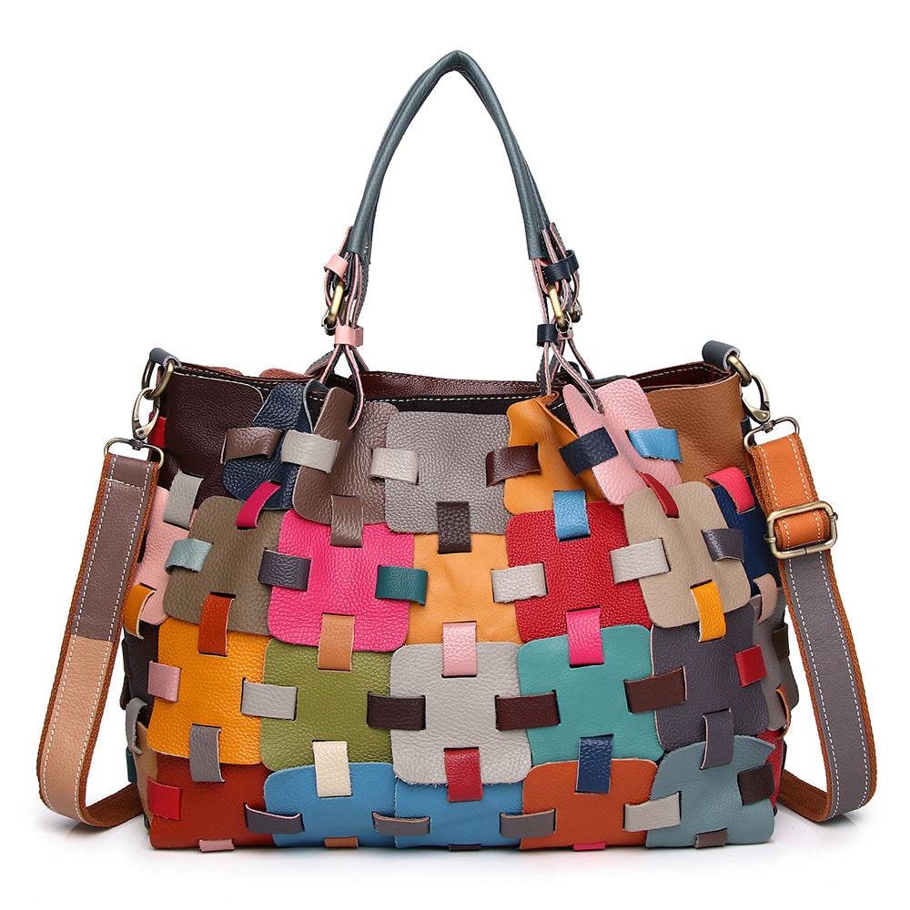 Genuine Leather Women's Bag Cowhide Ethnic Style Color European and American-style Woven Handbag Shoulder Crossbody Beach Bag Vegetable Basket Bag